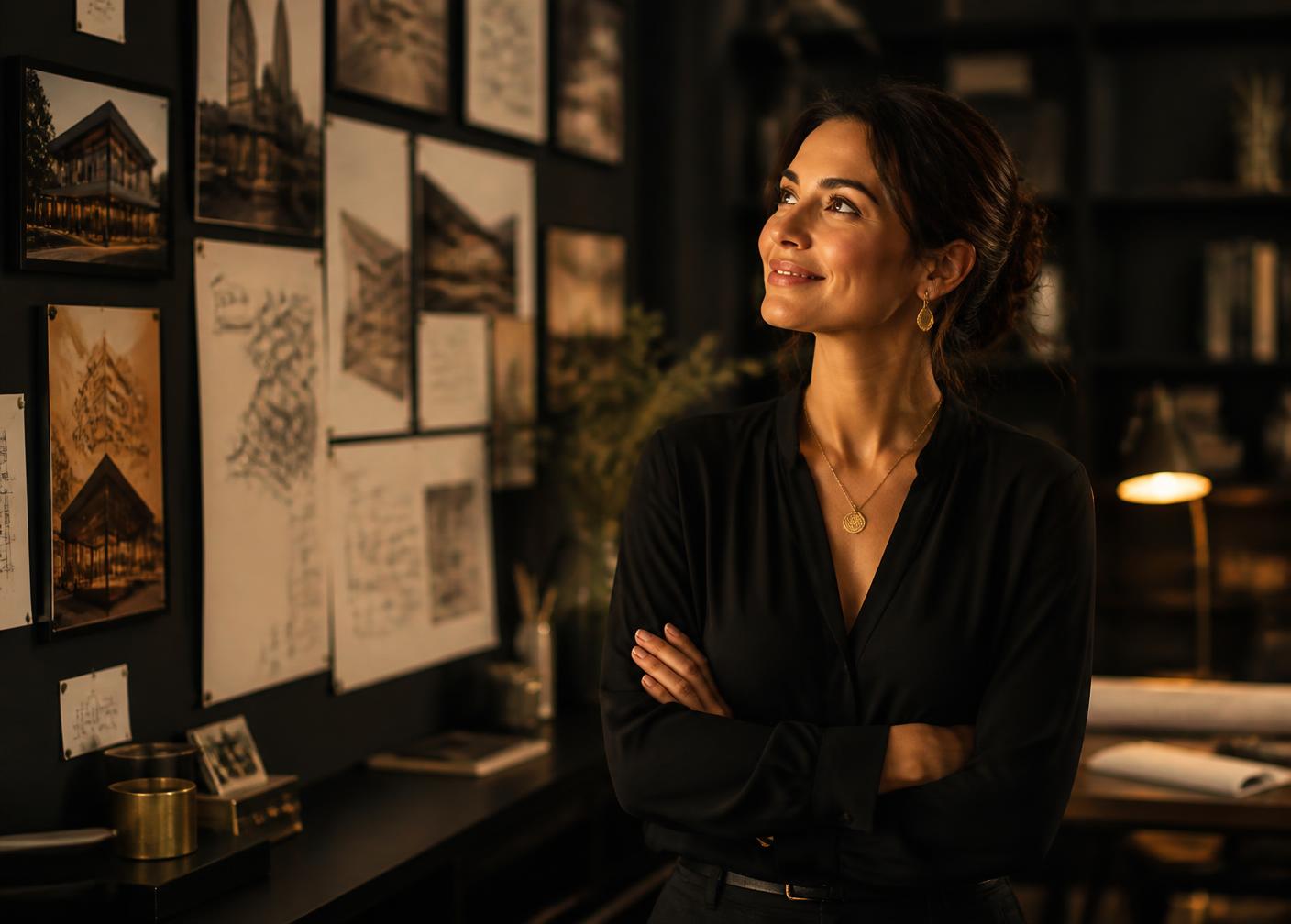 Mulher feliz contemplando os projetos que conquistou