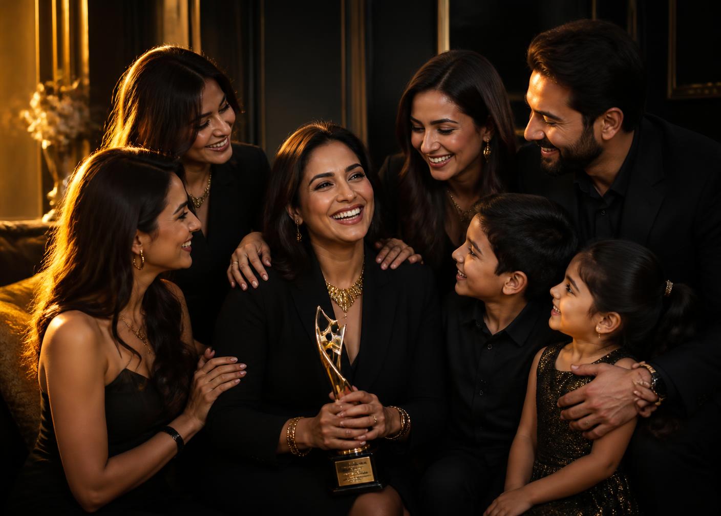 Mulher rodeada de amigas, filhos e marido celebrando suas conquistas